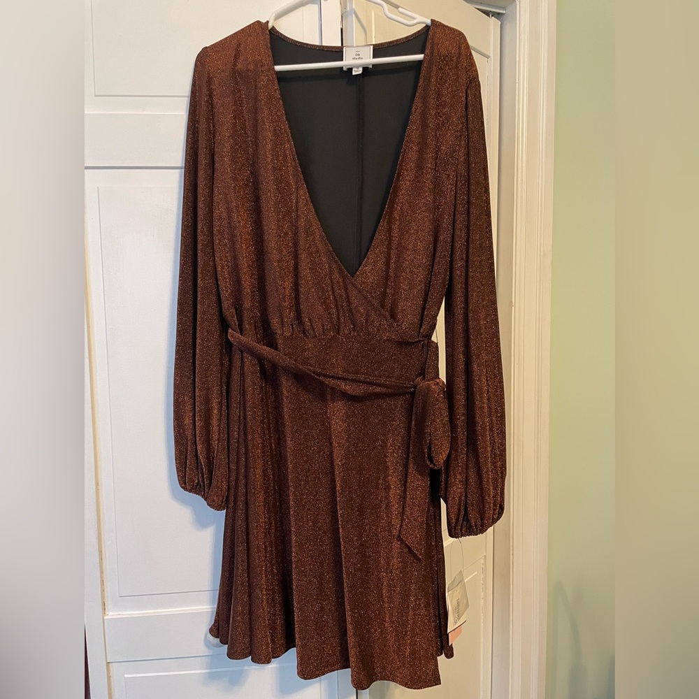Elegant Bronze Glitter Faux Wrap Dress